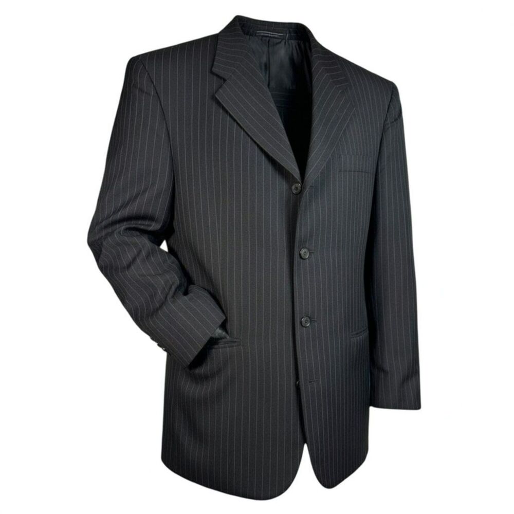 Bert Pulitzer 44L Wool Suit Coat Blazer Black Pinstripe 4-Button Single Breasted